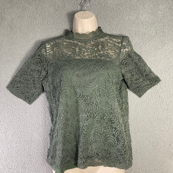 Women's M‎ Green Lace Mock Neck Short Sleeve Blouse - Picture 3 of 11